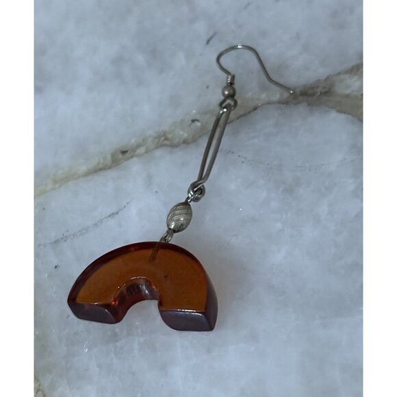 Amber Tone Resin Geometric Dangle Earrings Silver Tone Retro Lucite Boho - Picture 2 of 3